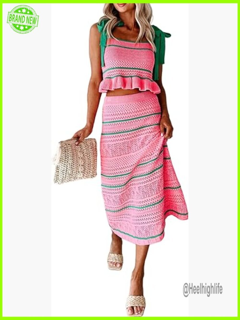 Crochet Knit 2-Piece Set Sleeveless Tie Shoulder Top Midi Skirt Vacation Outfit